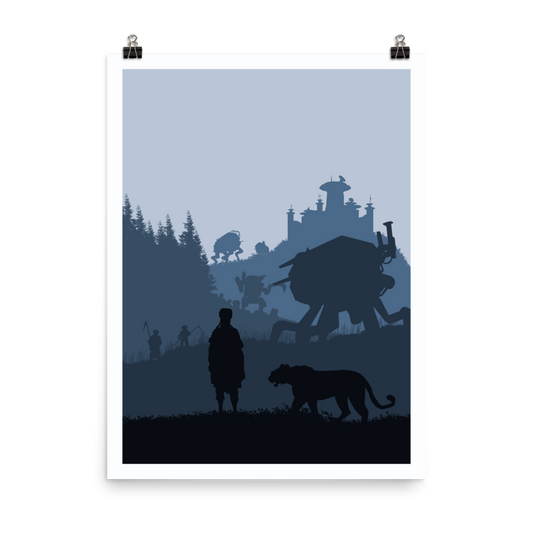 A poster featuring a minimalist board game art design with a fantasy landscape, mechs, and a city in the background.