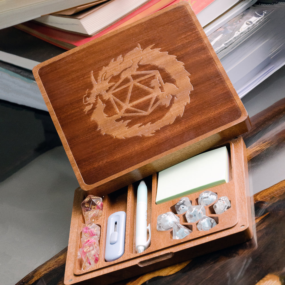 2 in 1 Sapele Wood Dice Storage Box Meeple Dungeon Dice Accessories