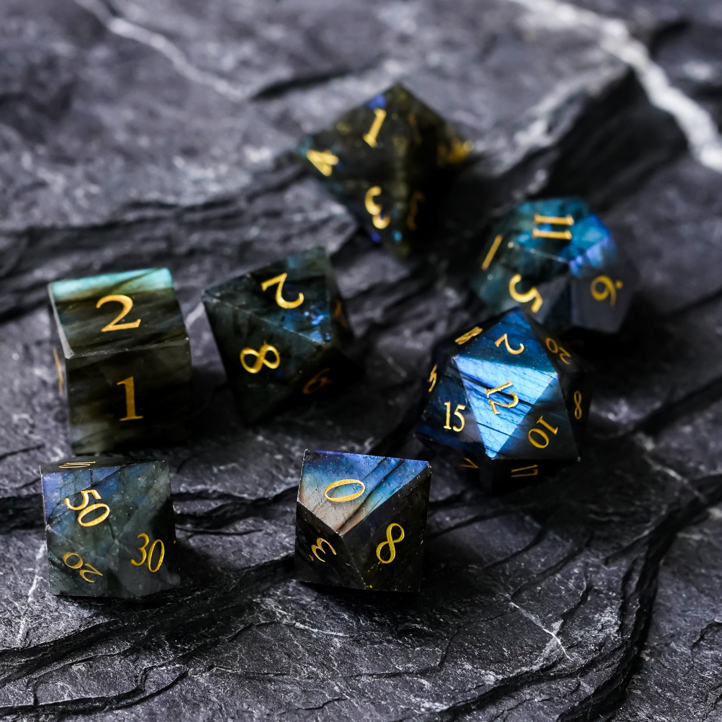 Labradorite Gemstone Meeple Dungeon Dice Set