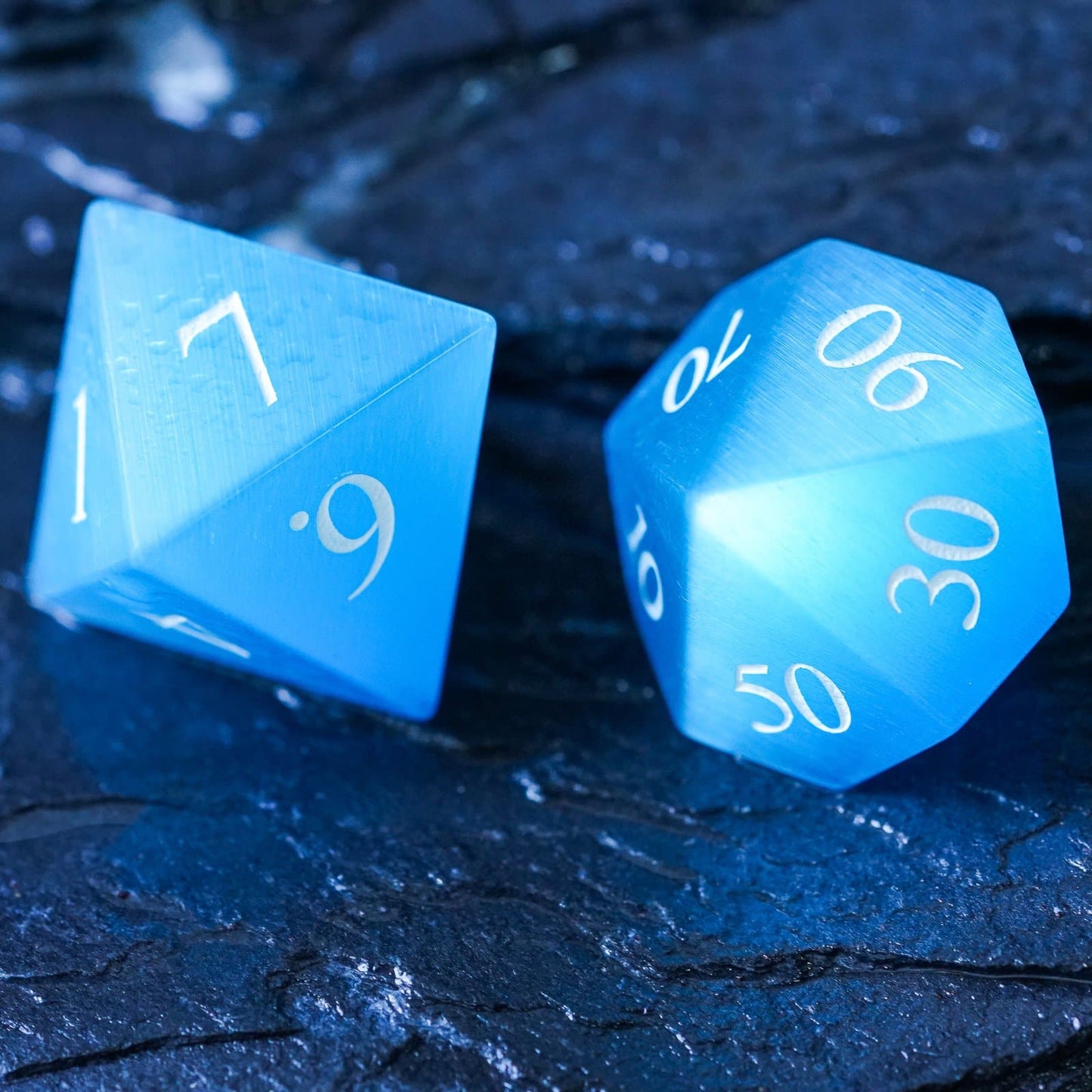 Aqua Blue Cat's Eye Stone Meeple Dungeon Dice Set