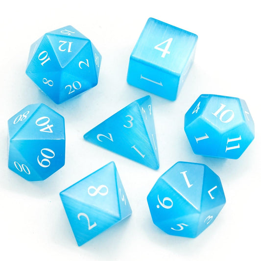 Aqua Blue Cat's Eye Stone Meeple Dungeon Dice Set