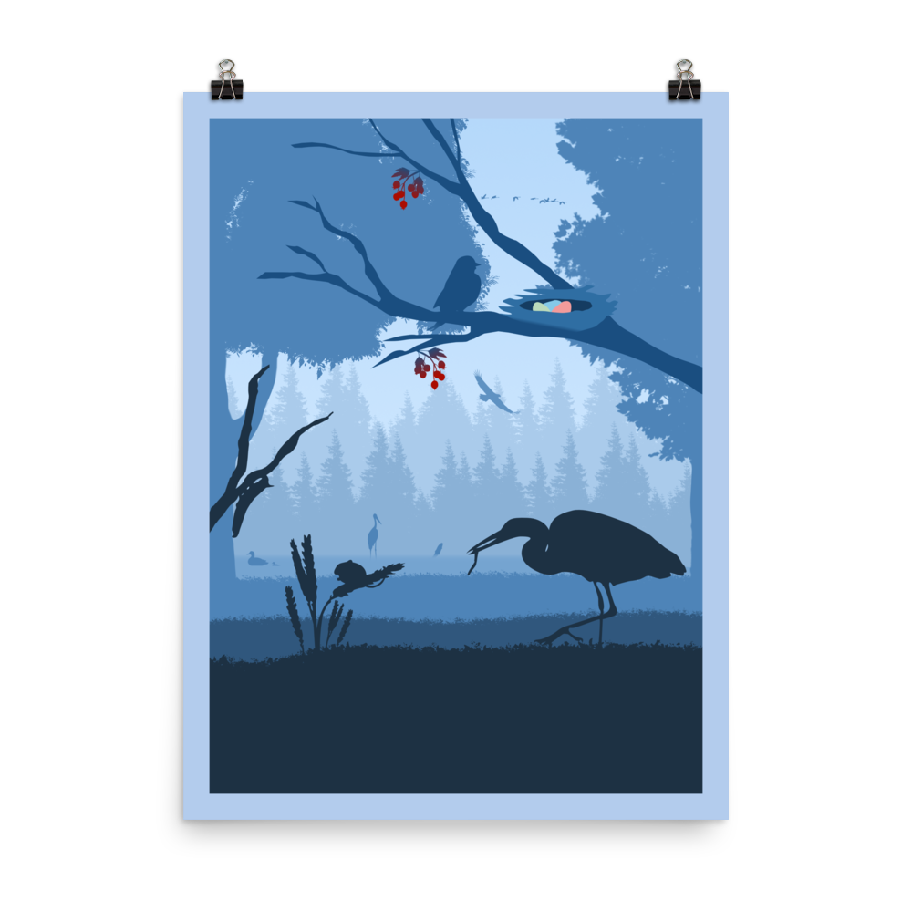 A poster featuring an artistic depiction of a woodland scene with birds, reminiscent of a board game art style.