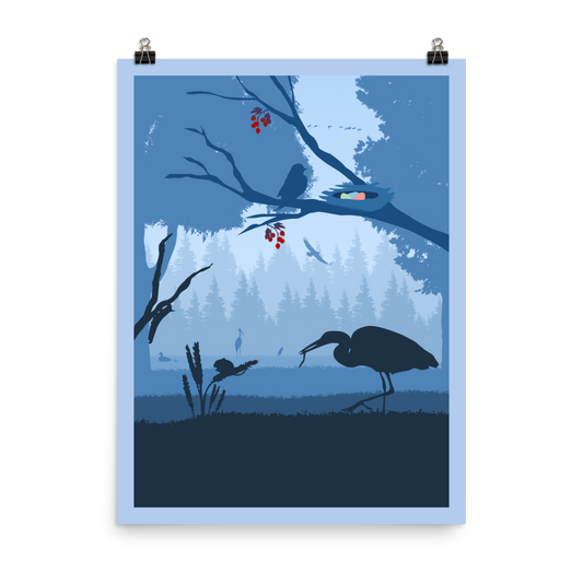 A poster featuring an artistic depiction of a woodland scene with birds, reminiscent of a board game art style.