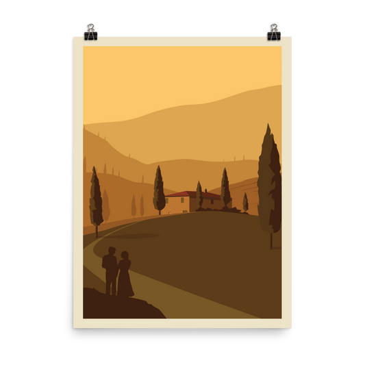 A poster depicting a minimalist vineyard scene with two people, a house, and trees in the foreground against an orange sunset background.