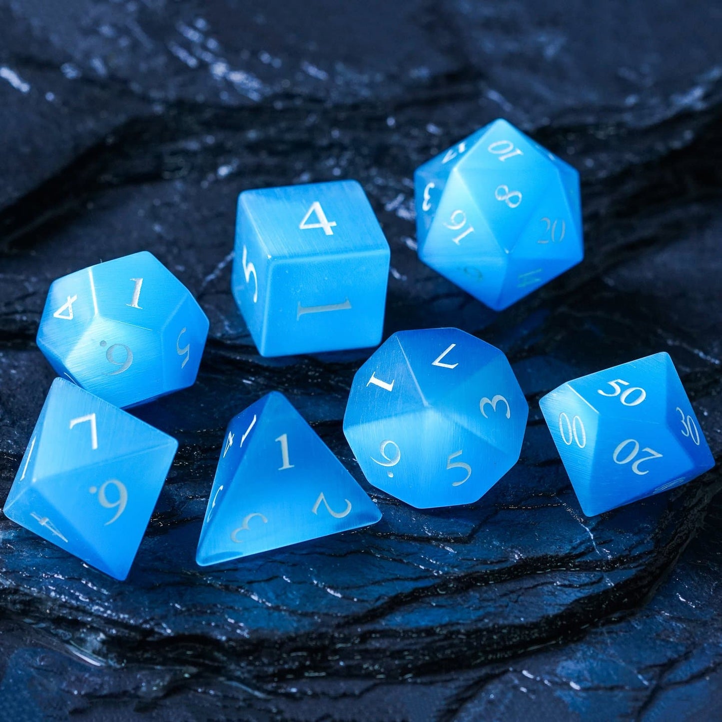 Aqua Blue Cat's Eye Stone Meeple Dungeon Dice Set