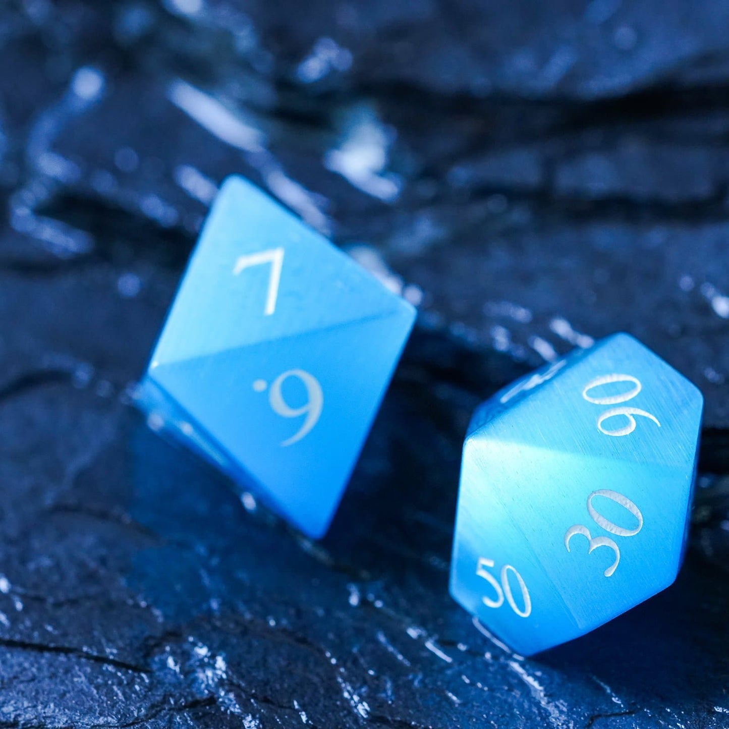 Aqua Blue Cat's Eye Stone Meeple Dungeon Dice Set