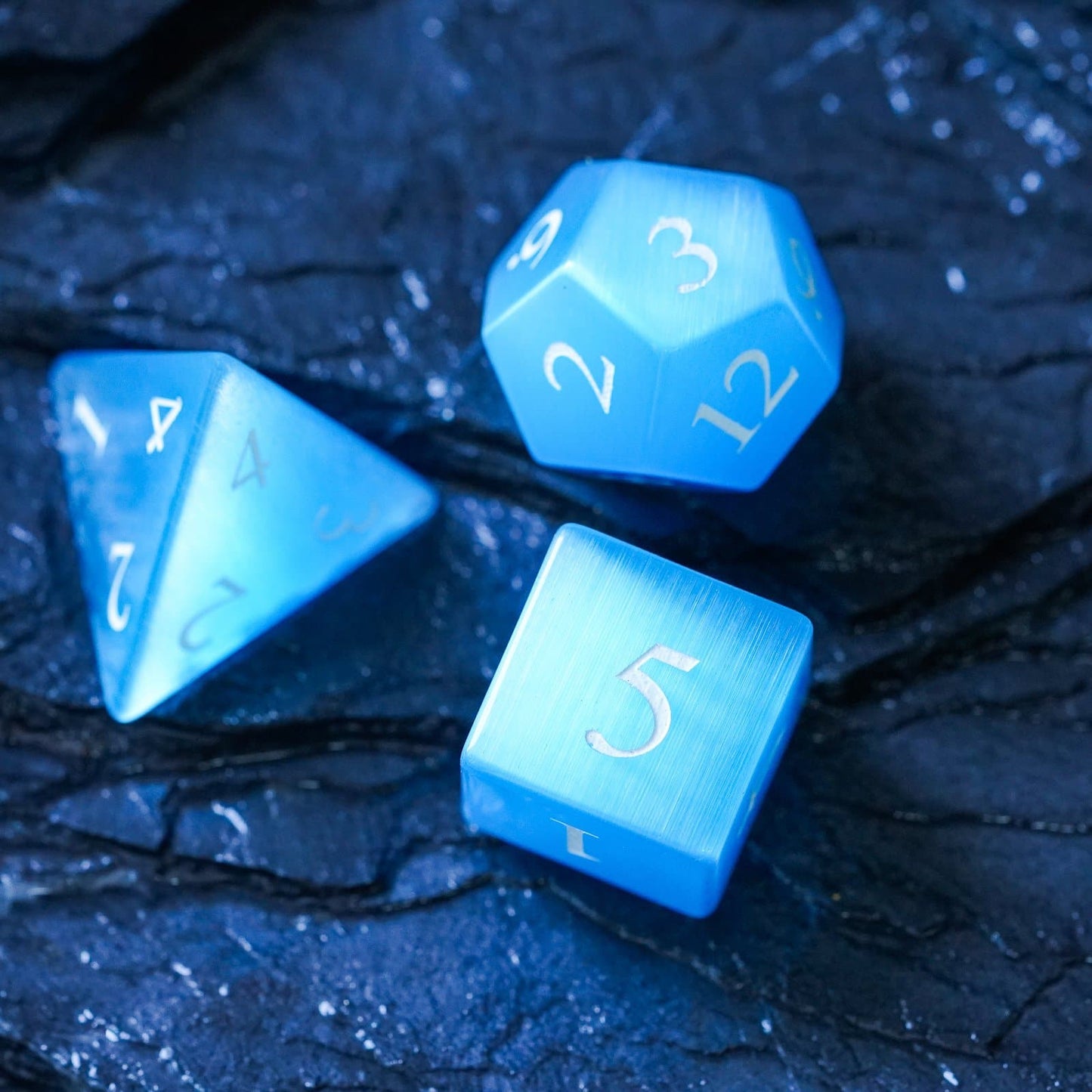 Aqua Blue Cat's Eye Stone Meeple Dungeon Dice Set