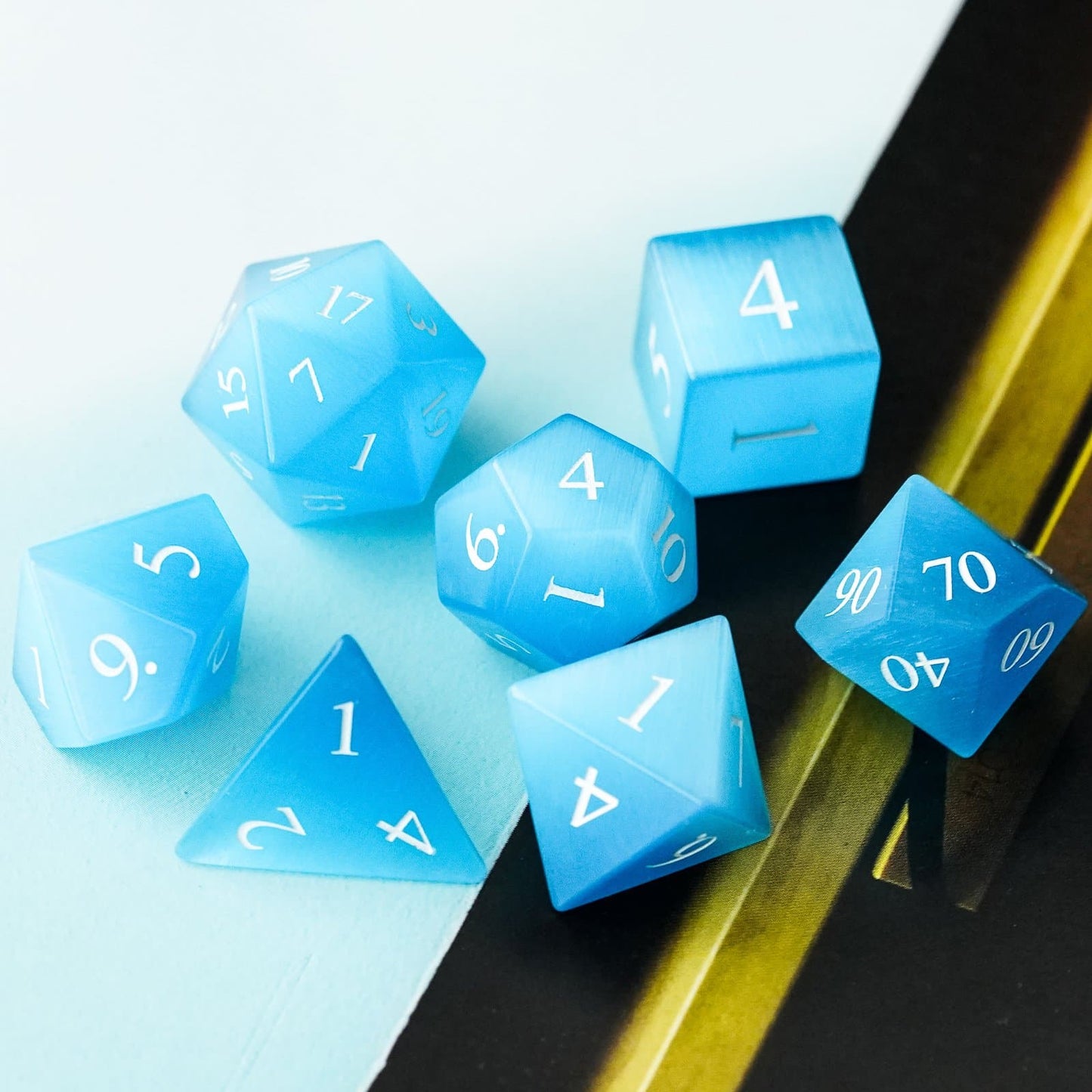 Aqua Blue Cat's Eye Stone Meeple Dungeon Dice Set